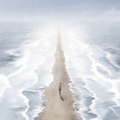 Eine silhouettenhafte Person steht auf einer spiegelnden Wasseroberfläche vor einem großen, runden, wolkenbedeckten Objekt am Horizont, Kontext MediumSciences - Institut..