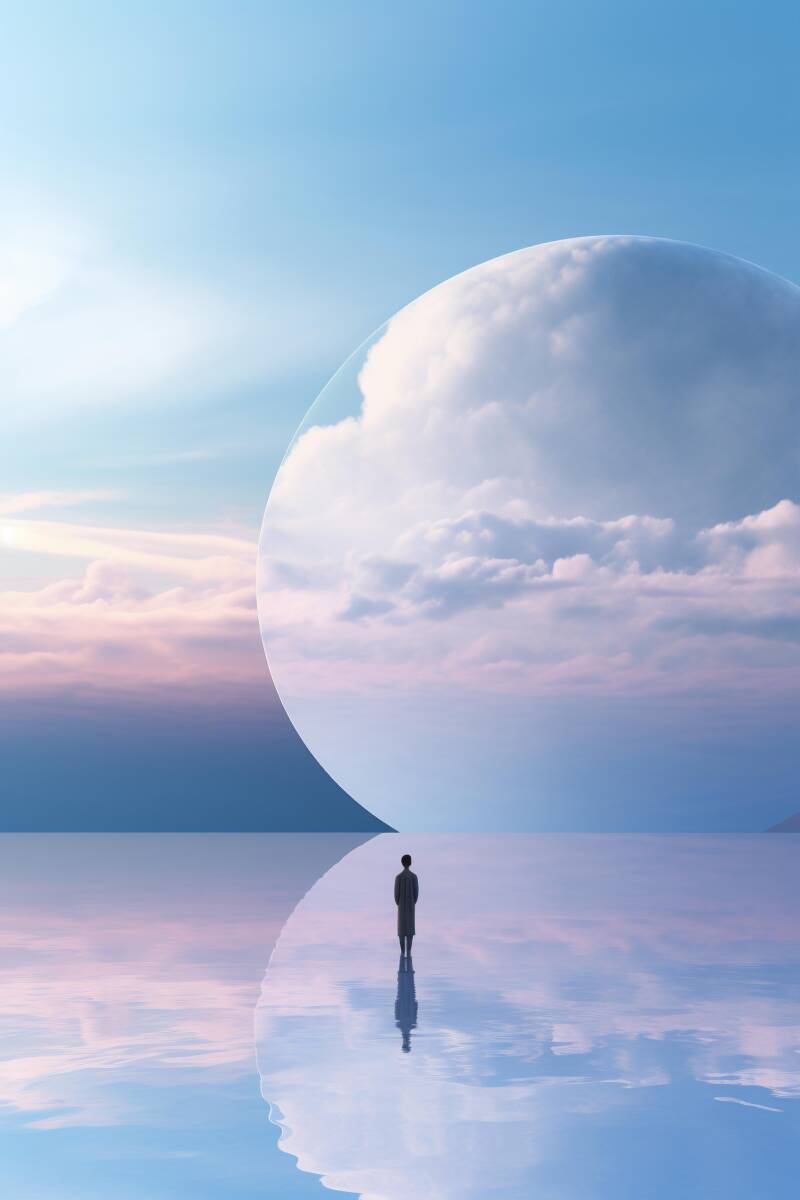 Eine silhouettenhafte Person steht auf einer spiegelnden Wasseroberfläche vor einem großen, runden, wolkenbedeckten Objekt am Horizont, Kontext MediumSciences - Institut..