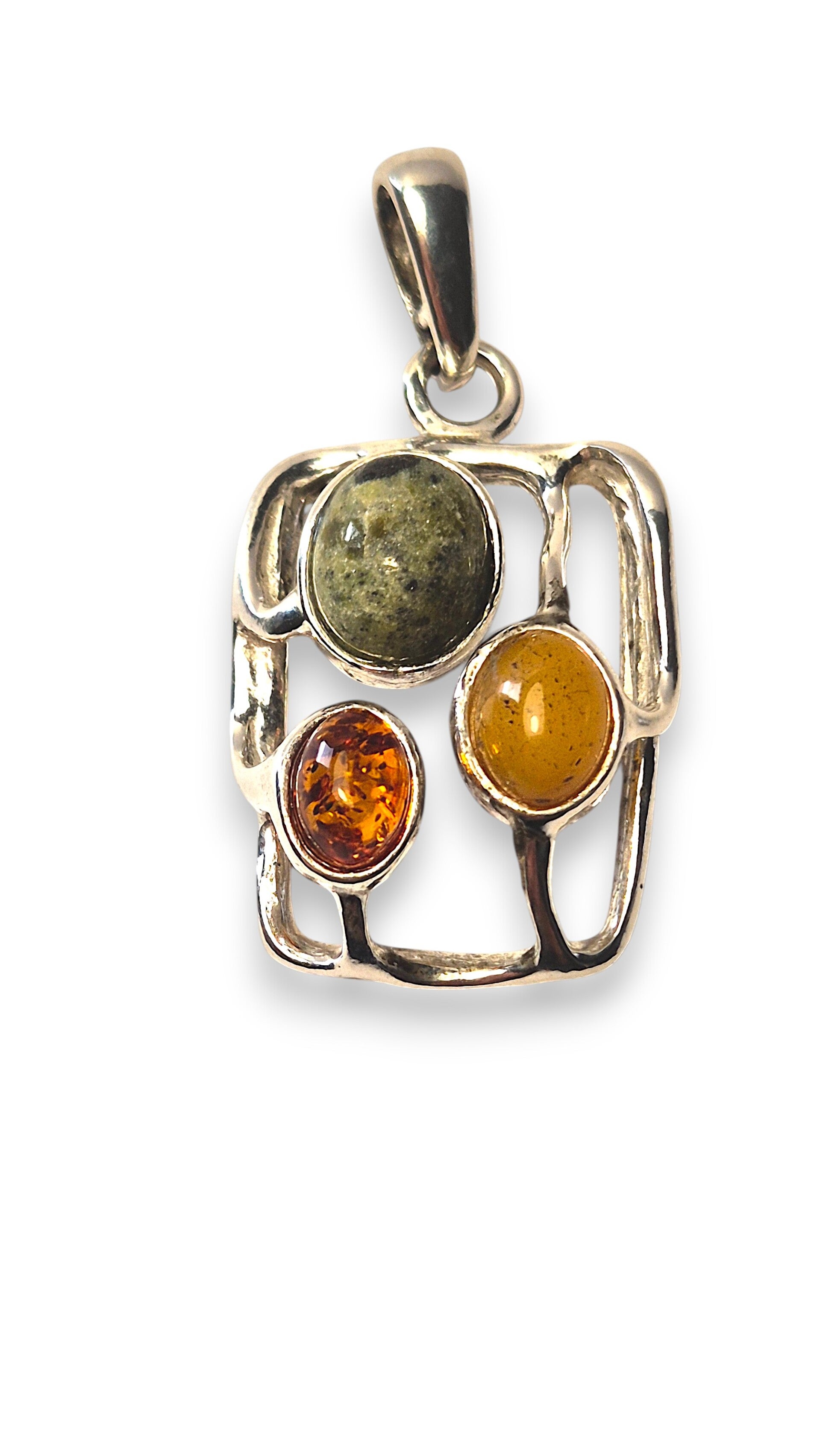 Three-Stone Rectangle Pendant – White & Cognac Amber with Serpentine