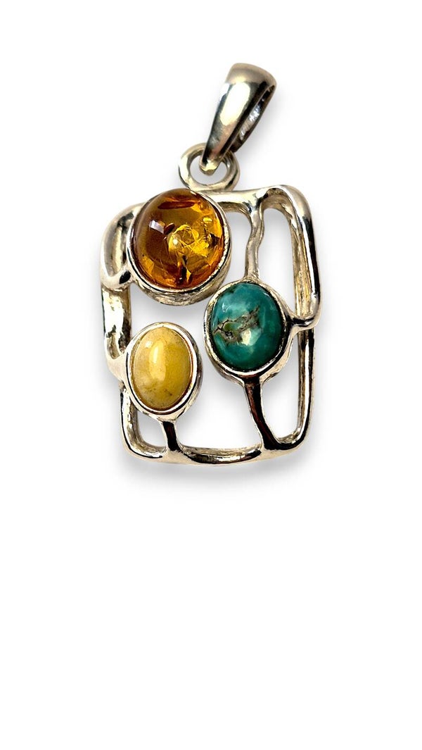 Three-Stone Rectangle Pendant – Cognac, Turquoise & White Amber