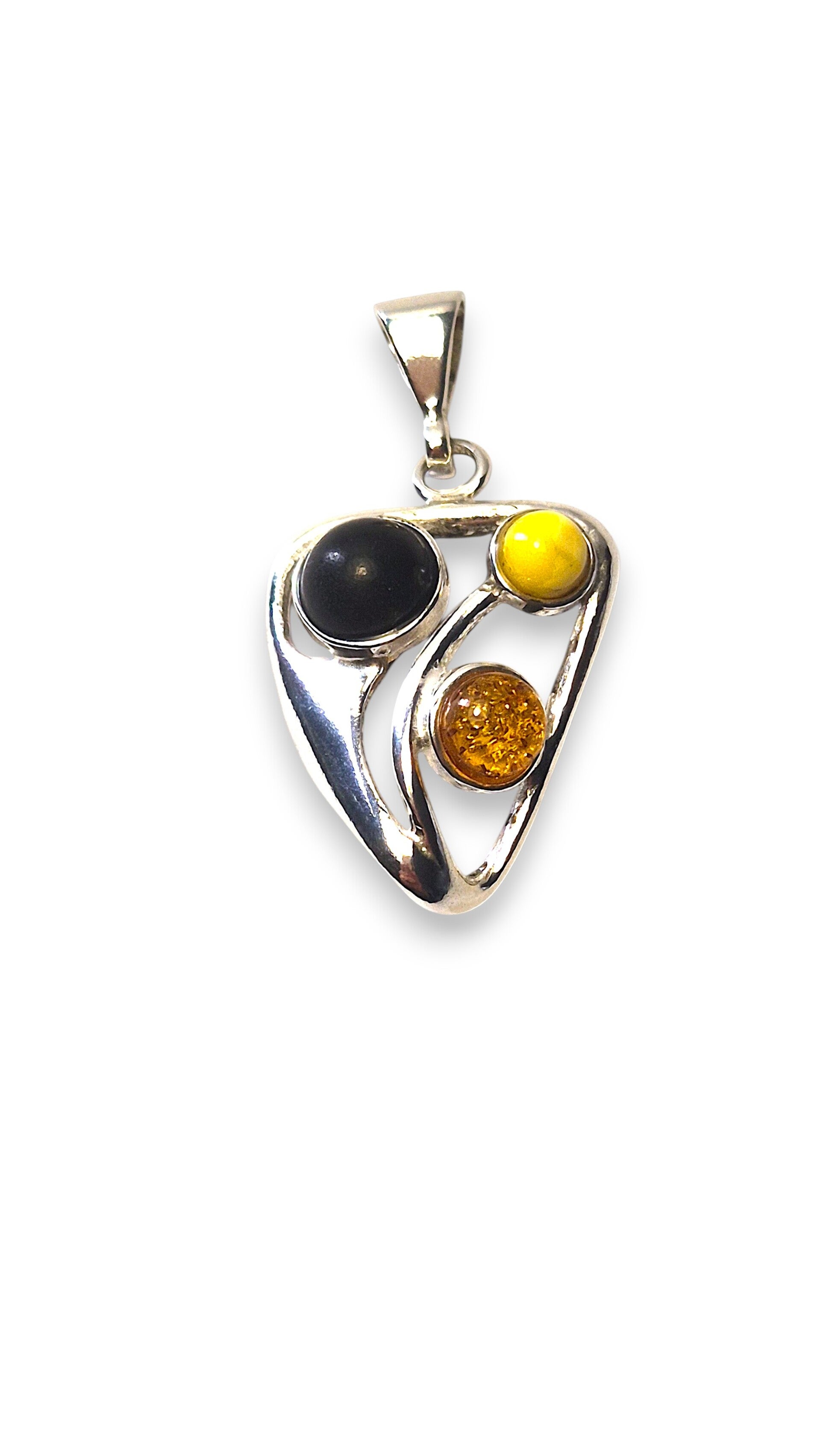 Three-Stone Triangle Pendant – Black Onyx, White & Brown Amber