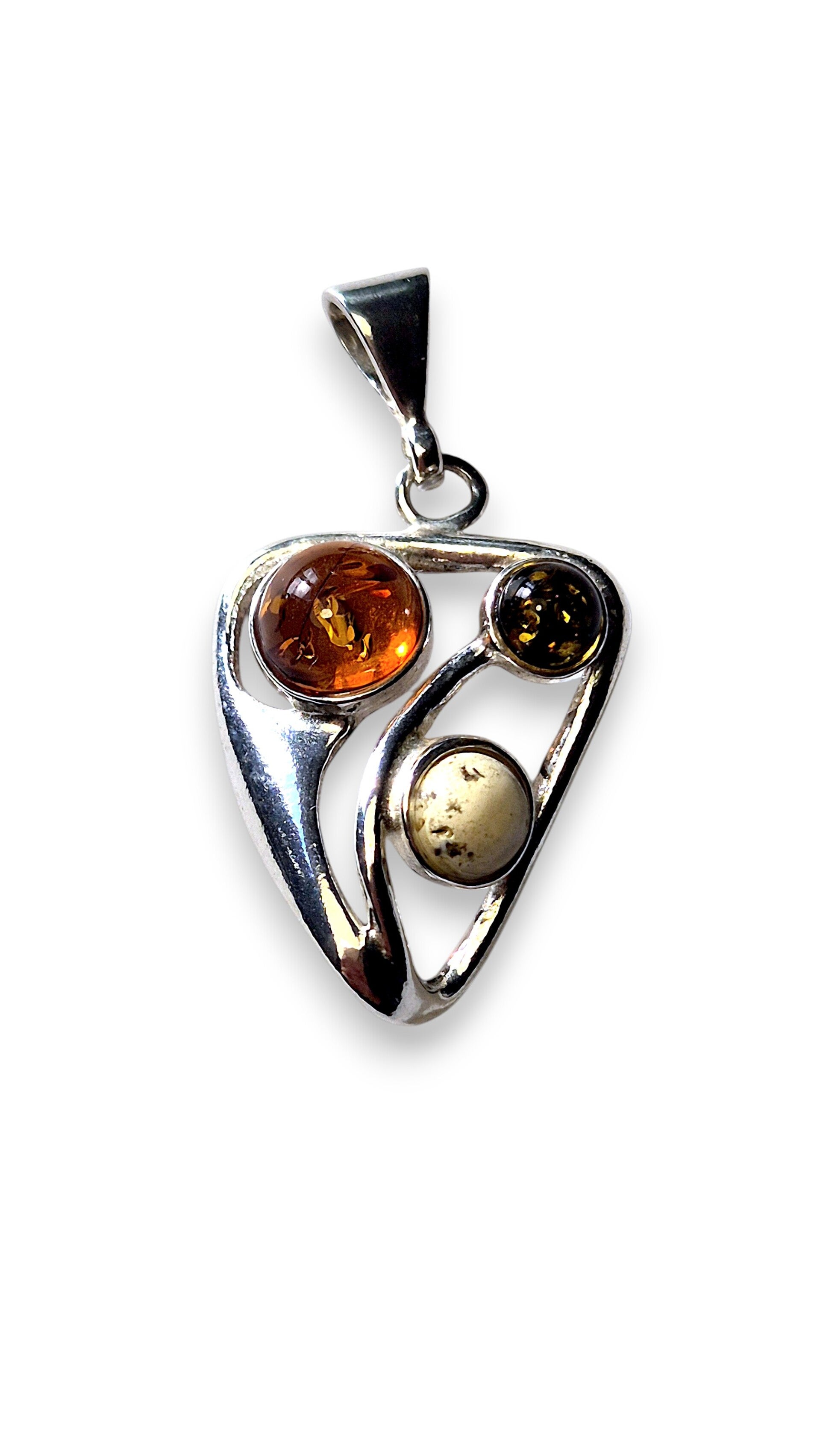 Three-Stone Triangle Pendant – Cognac, White & Green Amber