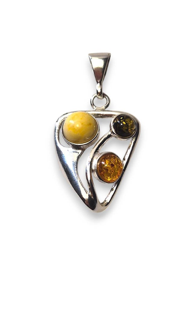 Three-Stone Triangle Pendant – White, Cognac & Green Amber