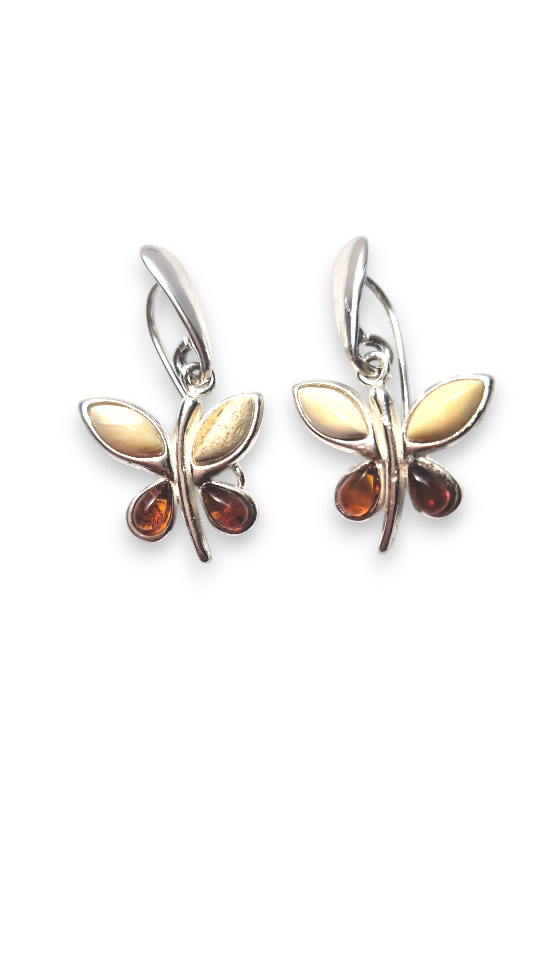 Two-Tone Butterfly Earrings – White & Cognac Amber Elegance