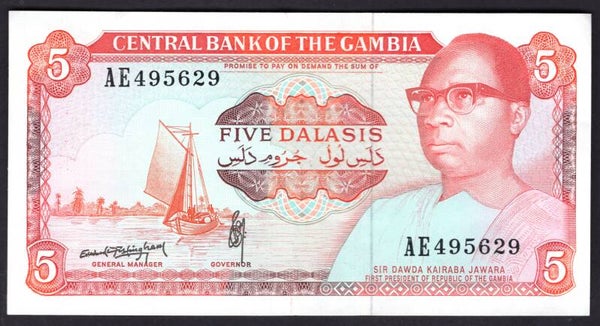 Gambia, 5 Dalasis (C. 1990), AE495629 (WPM 9b). VF-EF.