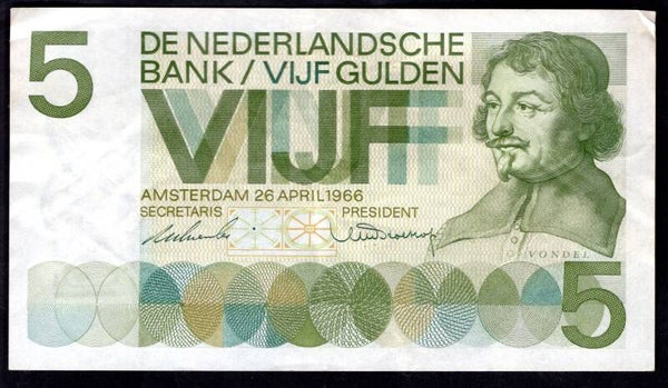 Netherlands, 5 Gulden, 1966, 4EB 007975. Crisp GVF.
