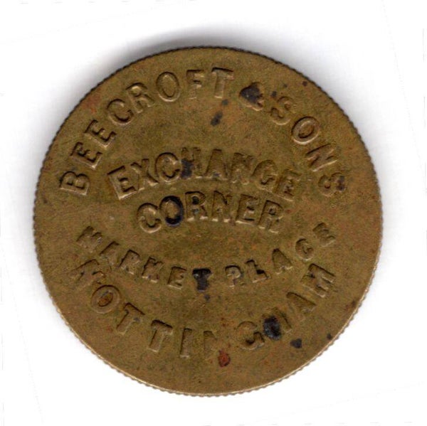 Beecroft & Sons Nottingham ad on reverse of imitation spade Guinea.