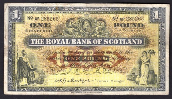 Scotland, Royal Bank, £1, 1-10-1957, AP 285265. Crisp F-VF.