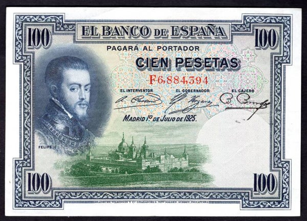 Spain. 100 Pesetas 1-7-1925. F6,884,394. GVF.