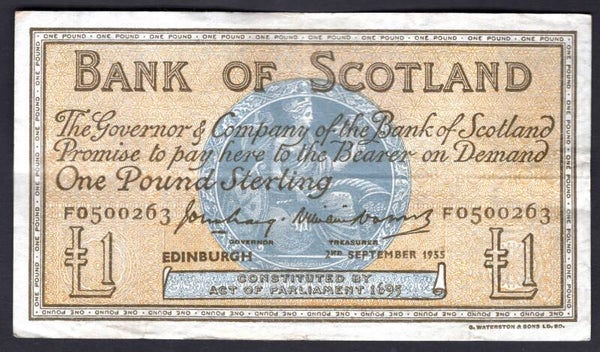 Bank of Scotland, Craig-Watson, £1, 2-9-1955, F0500263. Crisp NVF. DY12041