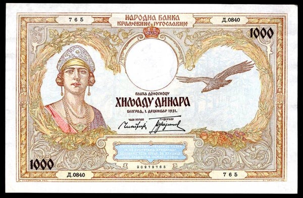 Yugoslavia, 1,000 Dinara, 1-12-1931, 20979765 (WPM 29). VF-EF.