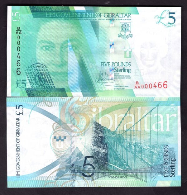 Gibraltar, £5, 2020, very low numbers B/AA 000400's (WPM 36). UNC