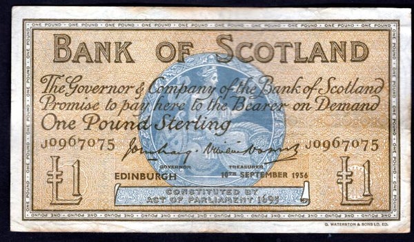 Bank of Scotland, Craig-Watson, £1, 10-9-1956, J0967075. F-VF.