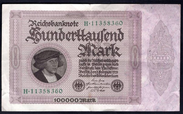 Germany, 100,000 Mark 1-2-1923. H.11358360. Crisp GVF.
