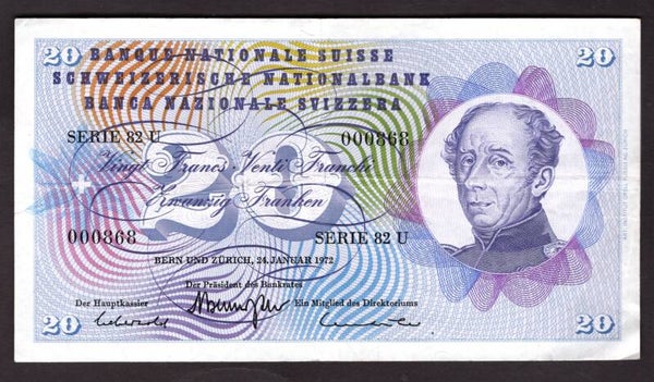 Switzerland, 20 Francs, 24-1-1972, 32U 000368. NVF.