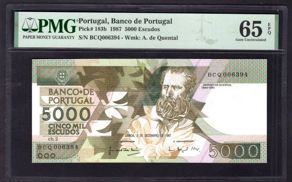 Portugal, 5,000 Escudos, 1987 (WPM 183b). BCQ 006394. 65 Gem UNC. DY12433