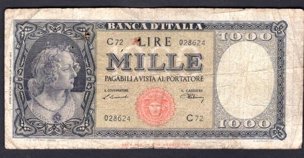 Italy, 1,000 Lire, 1947, C72 028624. Good.