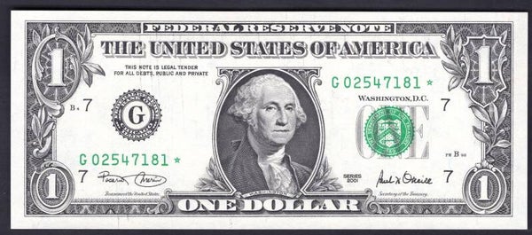 USA, FRN, $1, Chicago, 2001, Fort Worth replacement, G02547181*. AU-UNC.