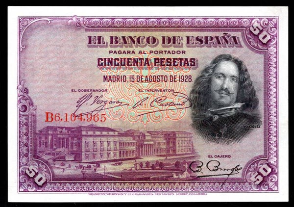 Spain, 50 Pesetas, 15-8-1928 (WPM 75b). B6,104,965. VF-EF.