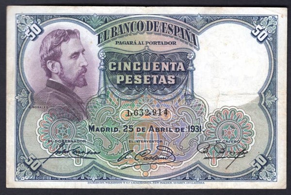 Spain. 50 Pesetas 25-4-1931. 1,632,914. F-VF.