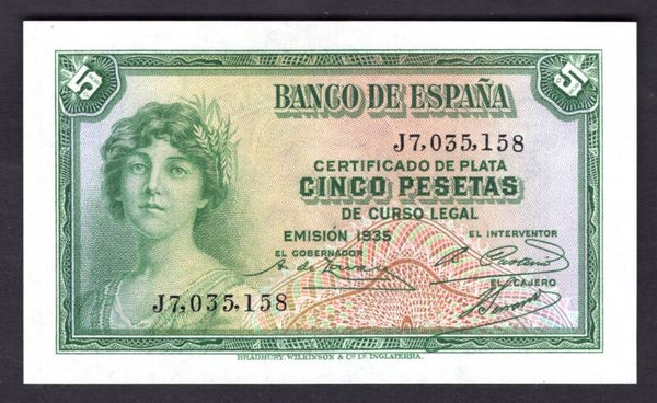 Spain. Banco De Espana. 5 Pesetas. 1935 (Iss 1936) (WPM 85a). J7,035,158. UNC.