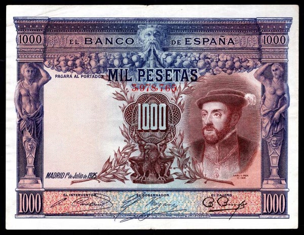 Spain, 1,000 Pesetas, 1-7-1925 (WPM 70c). 3,978,765. VF.