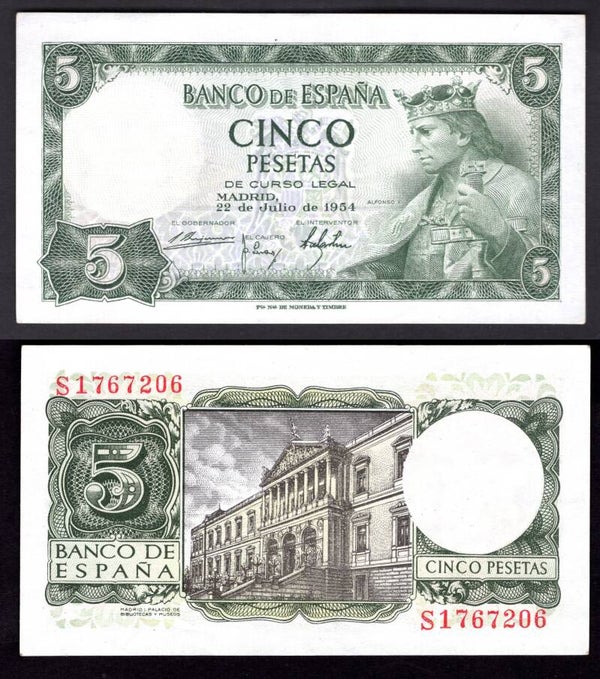 Spain. Five Pesetas 1954 S1767206 VF-EF.  dy12782