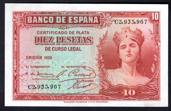 Spain, 10 Pesetas, 1935 (iss 1936) (WPM 86a). C2,935,967. NEF.