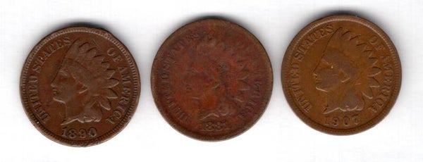 U.S.A. 3 Indian Head Cents 1881, 1890 & 1907.  dy12848