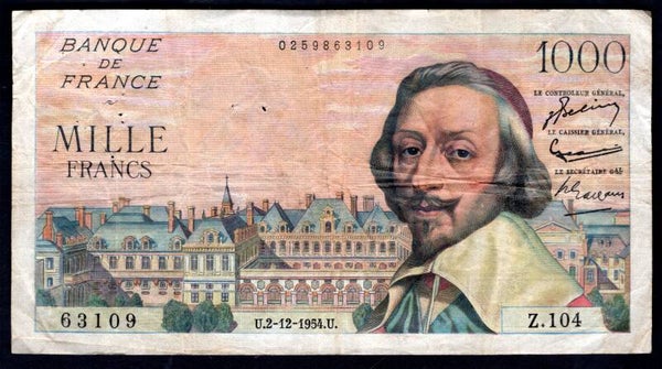 France, 1,000 Francs, 2-12-1954 (WPM 134a). 0259863109. Fine.