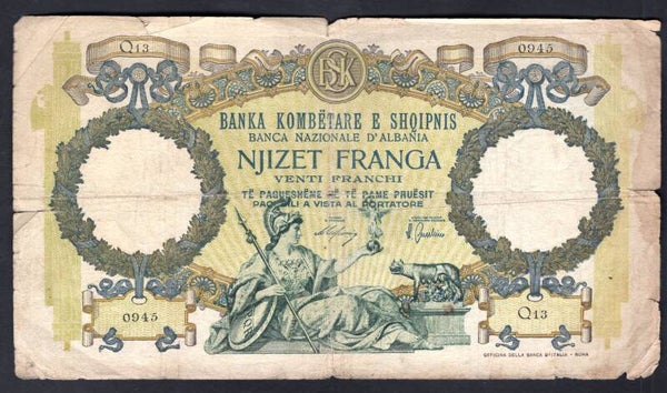 Albania, 20 franga (1939), Q13 0945 (WPM 7). VG.