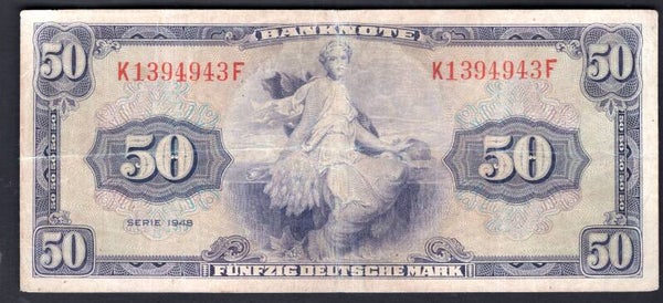West Germany, 50 Deutsche Mark, 1948 (WPM 7a). K1394943F. F-VF.