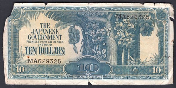 Malaya, Japanese Occupation, $10 (1942), with serial, MA 629325 (WPM M7). Good.