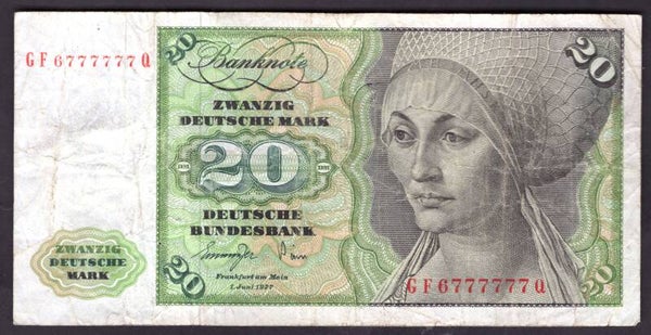 West Germany, 20 Deutsche Mark, 1-6-1977 (WPM 32b). GF6777777Q. NF.