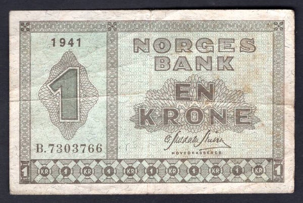 Norway, 1 Krone, 1941 (WPM 15a). B.7303766. GF+.