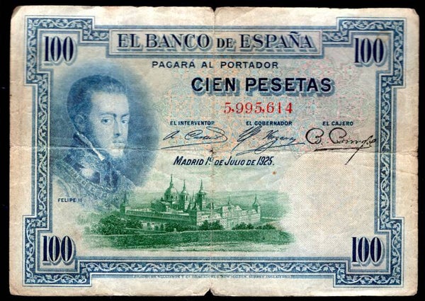 Spain. 100 Pesetas 1-7-1925. 5,995,614. NF.