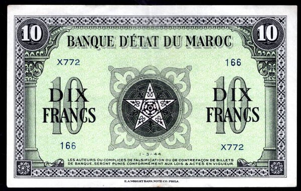 Morocco. 10 Francs 1944. X772 166. GVF.   DY13042