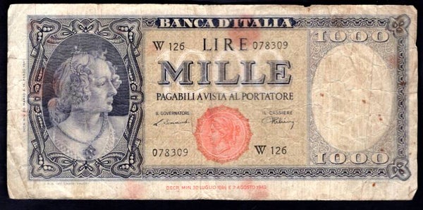 Italy, 1,000 Lire, 1947, Replacement (WPM 82). W126 078309. VG.