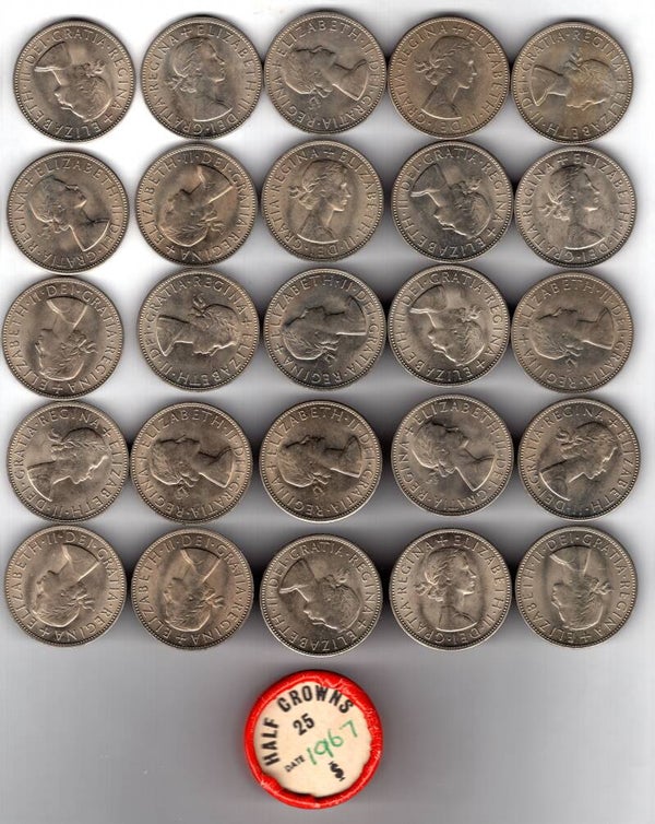 Great Britain, Elizabeth II, 25 x Halfcrown, 1967, in coin tube.  dy13439