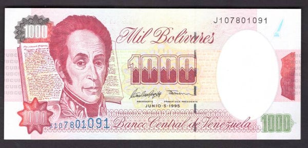Venezuela, 1,000 Bolivares, June 5-1995, J107801091 (WPM 76b). UNC.