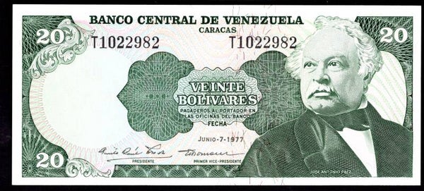 Venezuela, 20 Bolivares, June 7-1977, T1022982 (WPM 53b). AU-UNC.