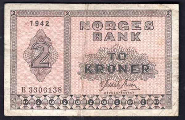 Norway, 2 Kroner, 1942 (WPM 16a). B.3306138, annotated, F-VF.