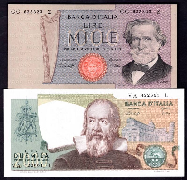 Italy, 1,000 & 2,000 Lire, Baffi-Stevani pair, 10-1-1977 & 22-10-1976.