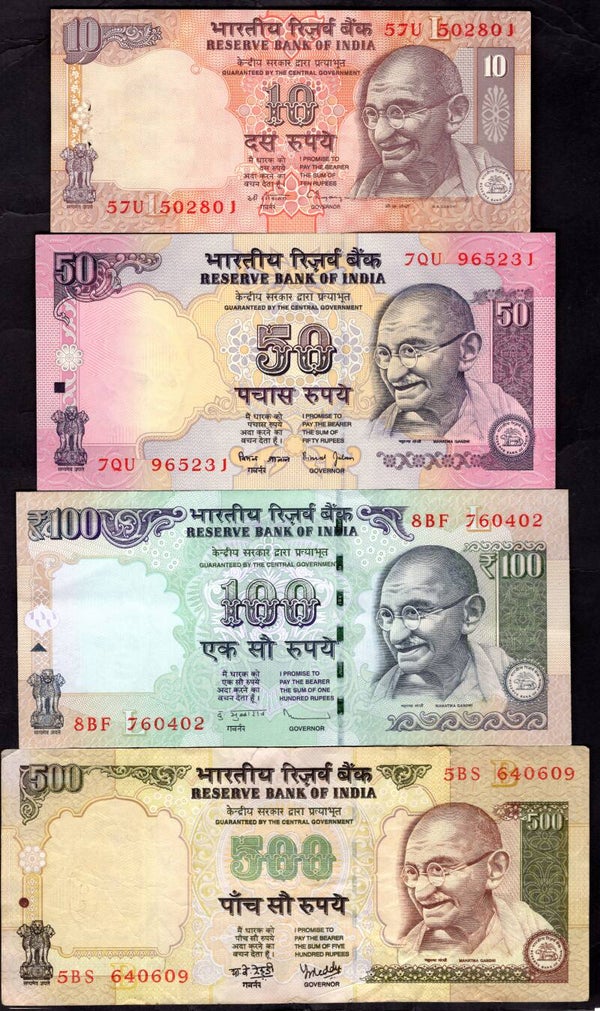 India, 10, 50, 100 & 500 rupees, details below.  dy13528