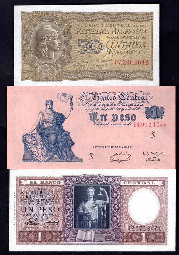 Argentina, 3 banknotes. 50 Centavos, & 2 x 1 Peso.