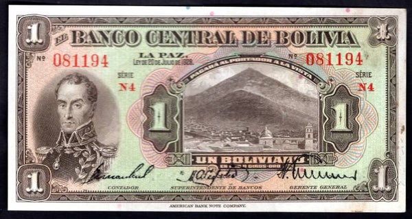 Bolivia, 1 Boliviano, 20-7-1928. N4 081194. EF.