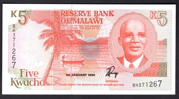 Malawi, 5 Kwacha, 1-1-1994, BH371267. UNC.