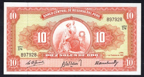 Peru, 10 Soles, 1-2-1961, 897928 (WPM 82A). AU-UNC.