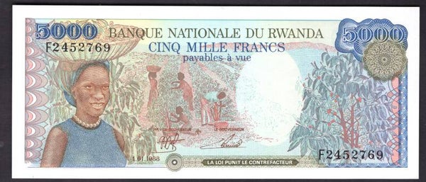 Rwanda, 5,000 Francs, 1988 (WPM 22a). Series F. AU-UNC.