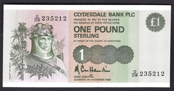 Clydesdale Bank, £1, 9-11-1988, D/DW 235212 (BYB SC328d). AU.